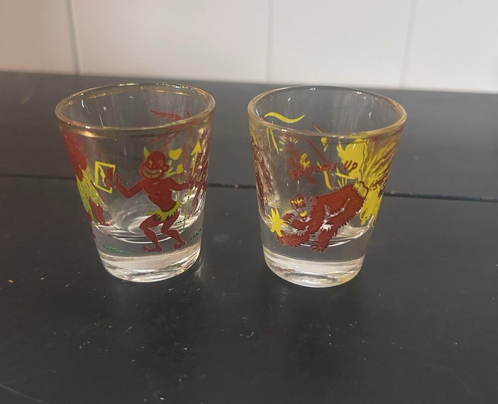 Vintage Federal Glass Rumpus Shot Glasses Set 2 Jungle Monkeys Goat Bottoms Up
